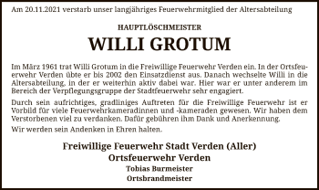 Todesanzeige von Willi Grotum von SYK