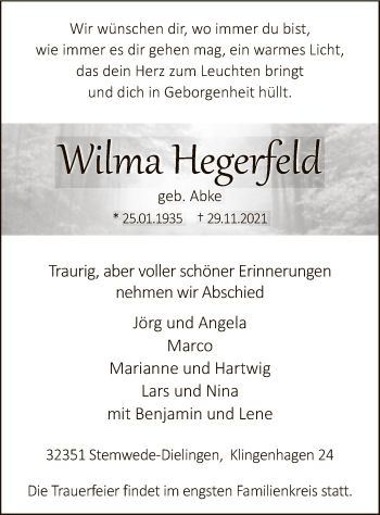 Todesanzeige von Wilma Hegerfeld von SYK