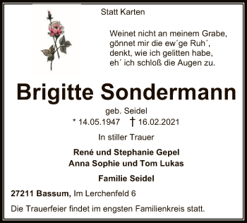 Todesanzeige von Brigitte Sondermann von SYK