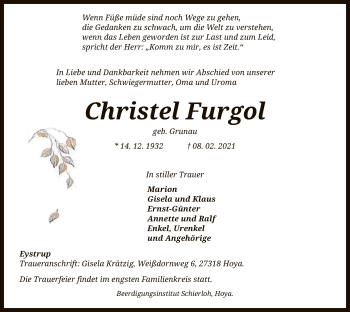 Todesanzeige von Christel Furgol von SYK