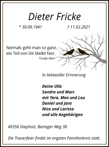 Todesanzeige von Dieter Fricke von SYK