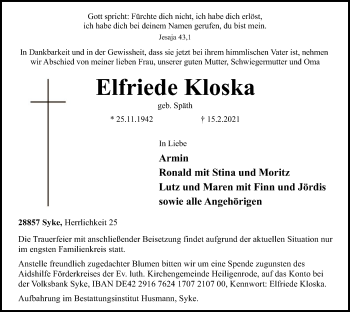 Todesanzeige von Elfriede Kloska von SYK