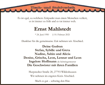 Todesanzeige von Ernst Mahlstedt von SYK