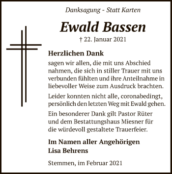 Todesanzeige von Ewald Bassen von SYK