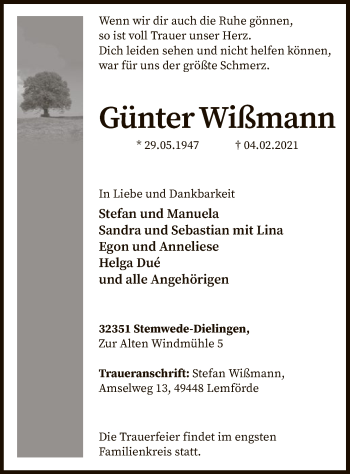 Todesanzeige von Günter Wißmann von SYK