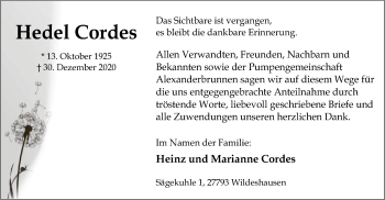 Todesanzeige von Hedel Cordes von SYK