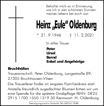 Todesanzeige von Heinz Oldenburg von SYK