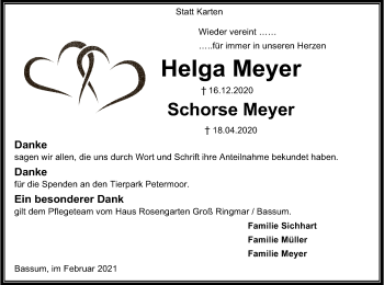 Todesanzeige von Helga und Schorse Meyer von SYK