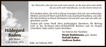 Todesanzeige von Hildegard Baden von SYK