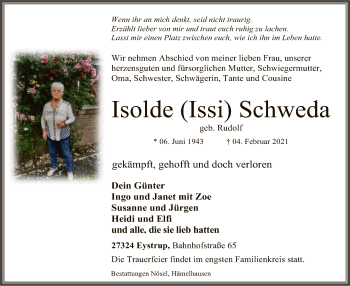 Todesanzeige von Isolde Schweda von SYK