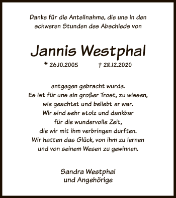 Todesanzeige von Jannis Westphal von SYK