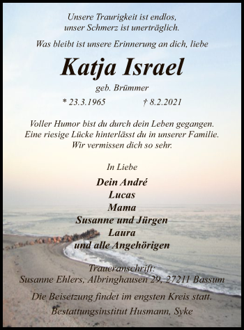 Todesanzeige von Katja Israel von SYK