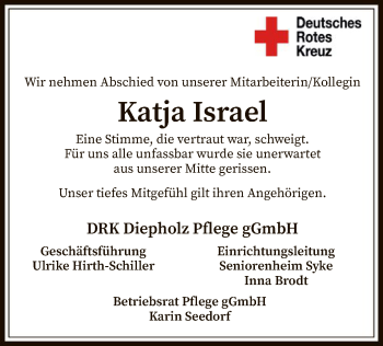 Todesanzeige von Katja Israel von SYK