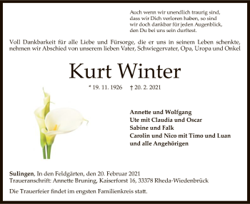Todesanzeige von Kurt Winter von SYK