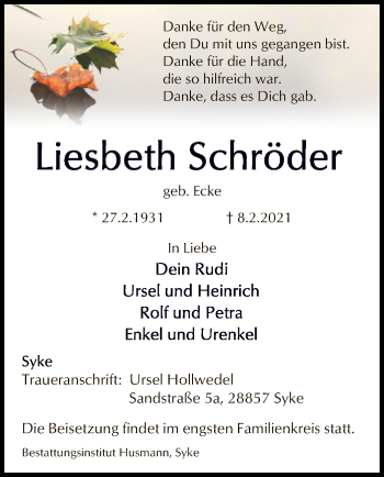 Todesanzeige von Liesbeth Schröder von SYK