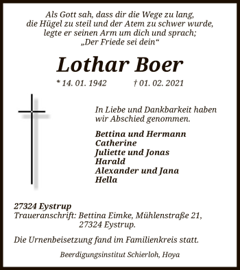 Todesanzeige von Lothar Boer von SYK