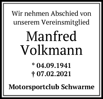 Todesanzeige von Manfred Volkmann von SYK