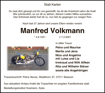 Todesanzeige von Manfred Volkmann von SYK