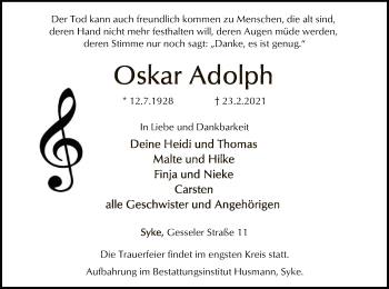 Todesanzeige von Oskar Adolph von SYK