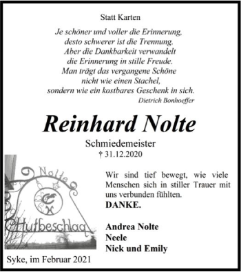 Todesanzeige von Reinhard Nolte von SYK
