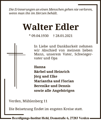 Todesanzeige von Walter Edler von SYK