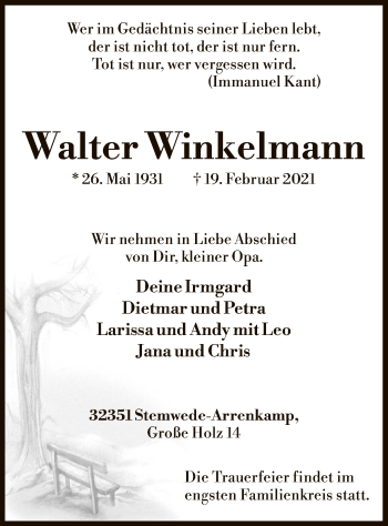 Todesanzeige von Walter Winkelmann von SYK