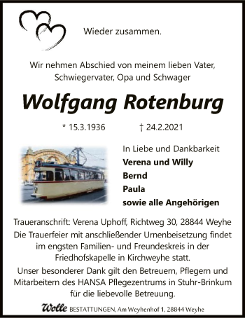 Todesanzeige von Wolfgang Rotenburg von SYK