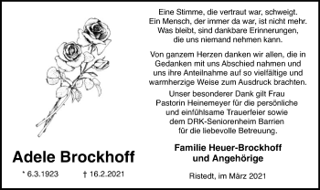 Todesanzeige von Adele Brockhoff von SYK