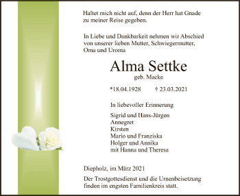 Todesanzeige von Alma Settke von SYK