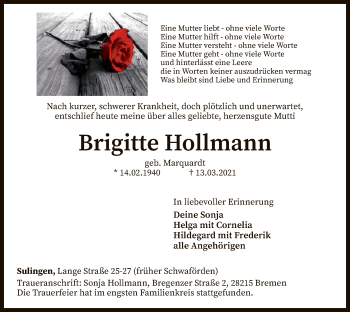Todesanzeige von Brigitte Hollmann von SYK