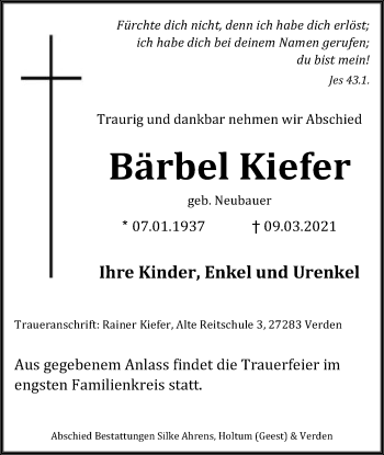 Todesanzeige von Bärbel Kiefer von SYK