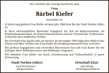 Todesanzeige von Bärbel Kiefer von SYK