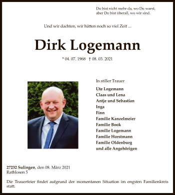 Todesanzeige von Dirk Logemann von SYK