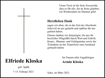 Todesanzeige von Elfriede Kloska von SYK