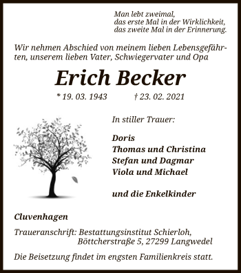 Todesanzeige von Erich Becker von SYK