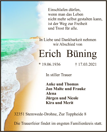 Todesanzeige von Erich Büning von SYK