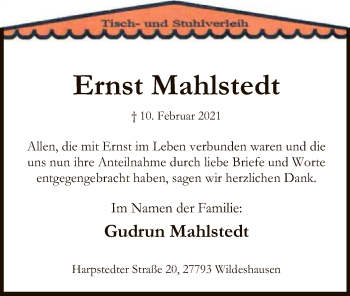 Todesanzeige von Ernst Mahlstedt von SYK