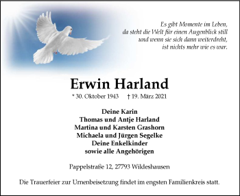 Todesanzeige von Erwin Harland von SYK