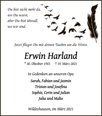 Todesanzeige von Erwin Harland von SYK