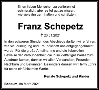 Todesanzeige von Franz Schepetz von SYK