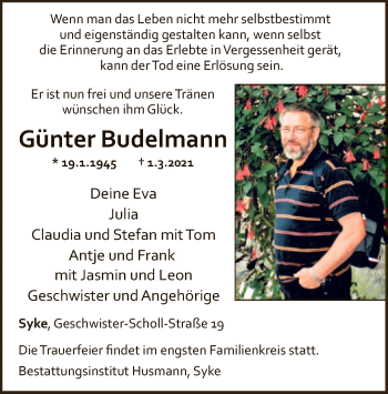Todesanzeige von Günter Budelmann von SYK