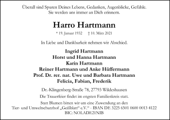 Todesanzeige von Harro Hartmann von SYK