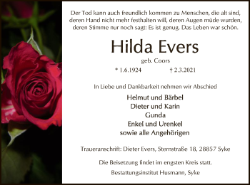 Todesanzeige von Hilda Evers von SYK