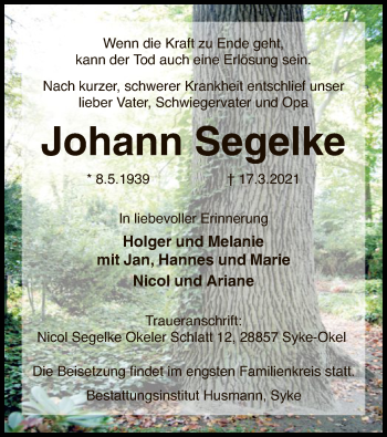 Todesanzeige von Johann Segelke von SYK