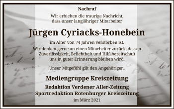 Todesanzeige von Jürgen Cyriacks-Honebein von SYK