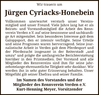 Todesanzeige von Jürgen Cyriacks-Honebein von SYK