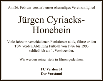 Todesanzeige von Jürgen Cyriacks-Honebein von SYK