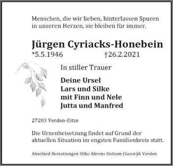 Todesanzeige von Jürgen Cyriacks-Honebein von SYK