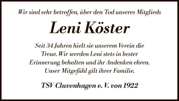 Todesanzeige von Leni Köster von SYK