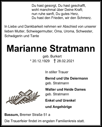Todesanzeige von Marianne Stratmann von SYK